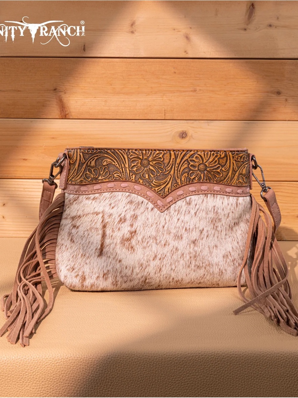 $75 NWOT Trinity Ranch Floral Tooled Hair-On Cowhide Fringe Crossbody